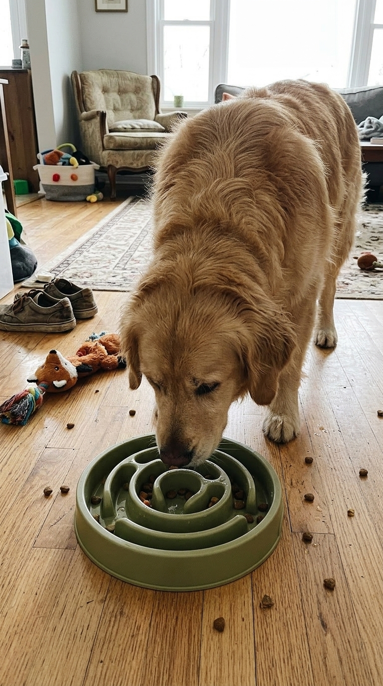 Golden retriever eating calmly from a Tailmo slow bowl in a sunny living room